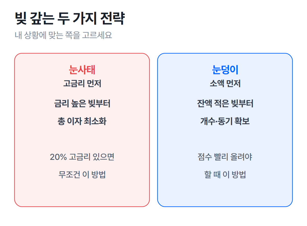 빚 갚는 두 가지 전략 — 눈사태 방법(고금리 먼저)과 눈덩이 방법(소액 먼저)