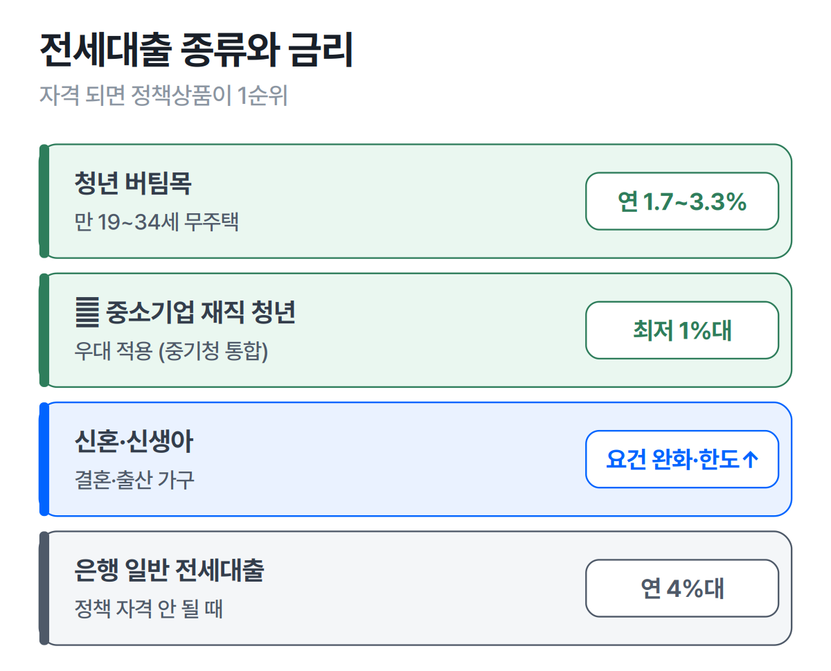 전세자금대출 종류 — 버팀목·중소기업청년 정책상품과 은행 일반 전세대출 금리 비교